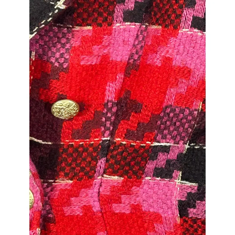 Anthropologie Exploded Plaid Tweed Blazer Medium Red Pink Gold Button Jacket